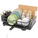 E-MANIS Dish Drainer,Single Layer Tableware Dish Rack,with Drip Tray and Spiral Nozzle,Dish Drying Rack with Removable Cutlery Holder,Sink Drainer Rack for Kitchen