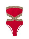 Milumia Women's Stitch Detail Strapless One Piece Swimsuit Cut Out Bandeau Bathing Suit, Red Solid, Large