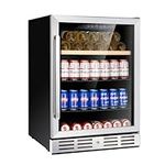 Kalamera 24'' Beverage refrigerator Cooler, 120 Cans & 16 Bottles, Single Zone Built-in or Freestanding, with Seamless Stainless Steel & Triple-Layer Tempered Glass Door and Temperature Memory Function