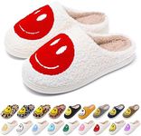 AIMINUO Women's Men's Retro Face Slippers Comfy Warm Plush Slip-On House Slipper for Winter Indoor Soft Cushion Non-slip Fluffy Slides Slippers, White-red, 6.5-7.5 Women/6-7 Men