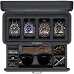 ROTHWELL 4 Slot Leather Watch Box with Valet Drawer - Luxury Watch Case Display Jewelry Organizer, Locking Watch Display Case Holder with Real Glass Top - Watch Box Organizer for Men & Women (Carbon)