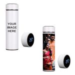 SAVRI Personalized Stainless Steel White LED Temperature Water Bottle with Your Photo/Wishes/Logo printed Best for school Going Kids/Return gift/Christmas/New Year/Festival Gift Item | 500ml