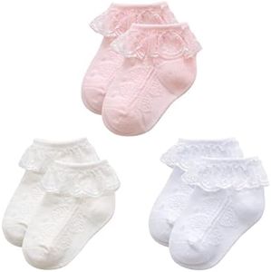 Durio Baby Ruffle Socks Baby Girl Socks Super Soft Lace Socks for Baby Girls Cute Baby Girl Ruffle Socks AA White & Ivory & Pink 3-12 Months