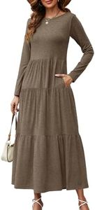 Sopliagon Women's Long Sleeve Loose Maxi Dress Tiered Fall Casual Long Dresses with Pockets, Coffee, Medium