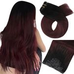 Moresoo PU Seamless Clip in Hair Extensions Human Hair Burgundy Hair Extensions for Women Clip in Natural Black to Deep Red Wine Hair Extensions Clip in Red Human Hair 7Pcs 120g 22 Inch