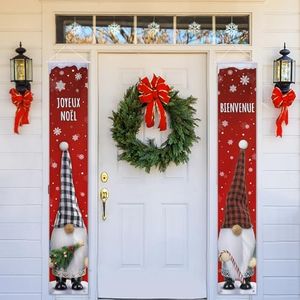COLOFALLA 2PCS Bannières de Porte Noël Banderole Joyeux Noël et Bienvenue Décoration Banderole en Français Extérieur Porche Motif GNOME Décoration Banderole Rouge à Suspendre Maison