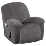 1 Piece Stretch Real Super Velvet Plush Recliner Slipcovers, Recliner Chair Cover, Recliner Cover Furniture Protector Elastic Bottom, Recliner Slipcover with Side Pocket, Grey