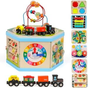 KABENFIS Wooden Activity Cube Toy with TrainTracks Educational Learning Toy
