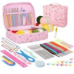 KRENZ 59 Pcs Crochet Kit for Beginners Kids & Adults Starter Set with 5 Yarn, Hooks, Stitch Markers & Storage Bag (Pink Unicorn)