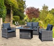 GOODS EMPORIUM 4 Seater Rattan Garden Furniture Set with Fire Pit Table - Outdoor Patio furniture - Conservatory Sofa sets - RAIN COVER INCLUDED (Dark Grey, 4 Seater with Fire Pit Table)