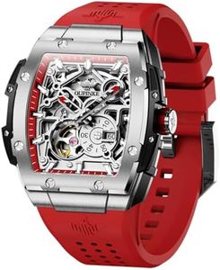 OLEVS Automatic Watches for Men Self Winding Luxury Skeleton Mechanical Business Dress Big Face Men's Wrist Watches Calendar Square Mens Red Watch