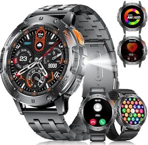ESFOE Montre Connectée Homme 5ATM Étanche avec Appels Bluetooth 1,53" AMOLED Militaire Smartwatch avec Torche LED Fréquence Cardiaque SpO2 Surveillance Fitness Tracker pour Android iOS