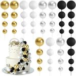 BOUBONI 48 Pcs Balls Cake Topper Decorations Balloon Cupcake Toppers Foam Cake Topper Balls Cake Balls Decorations for Birthday Party Wedding Anniversary Cake Decorating (Black, Silver, White, Gold)