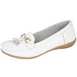 Ladies Real Leather Tassel Slip On Moccasin Flat Nautical Boat Shoes Loafers Size 3-8 (5 UK, White)