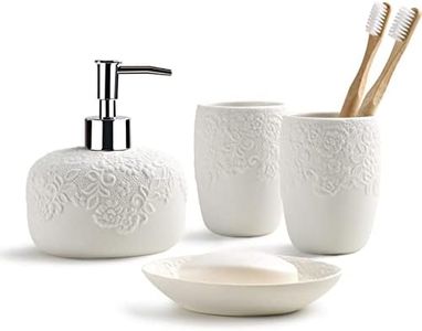 Bathroom Accessories Set with Embossed Design 4PCS, Ceramic White Bathroom Accessory Set, 1Pcs Bathroom Soap Dispenser 14oz, 2Pcs Tumbler Cup, 1Pcs Soap Dish, ANTIS'S HOME