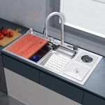 Plantex Smart Waterfall Sink/304 Grade Stainless Steel Kitchen Sink with Integrated Waterfall, Cupwasher, Dustbin and Digital Display - All in One Sink for Kitchen (38x18x9 Inch - Silver Matt)