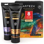 ARTEZA Metallic Acrylic Paint, Set of 8 Vibrant Essentials Colours in 120 ml Tubes, Rich Pigments, Non Fading, Non Toxic Paints for Artists & Hobby Painters, Art Supplies for Canvas Painting & Crafts