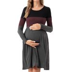 Bearsland Women’s Long Sleeve Maternity Dress Patchwork Pregnancy Dress with Pocket, Barn Red, M