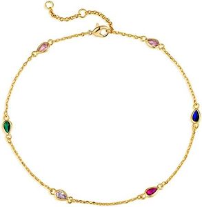 MEVECCO Anklet for Women Gold Teardrop Station Rainbow Zirconia 14K Gold Plated Dainty Chain Boho Beach Summer Simple Foot Jewelry Ankle Bracelet