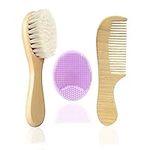 Baby Hair Brush, Molylove Goat Bristles Brush and Baby Cradle Cap Brush Set for Newborns and Toddlers,Wood Comb l Purple Silicone Brush| Ideal for Cradle Cap (3 Piece)