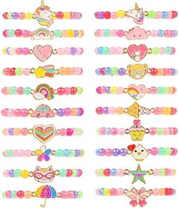 20 Pcs Colorful Unicorn Bracelet Girls Rainbow Unicorn Heart Beaded Bracelet Stretchy Costume Jewelry Set Party Favors Gifts Friendship Bracelets for Kids Little Girls, Zinc, no gemstone