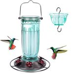 Kingsyard Glass Hummingbird Feeder for Outdoors Wild Bird Feeder with 6 Feeding Ports Hanging for Garden Yard, Green (Ant Moat Included)