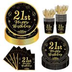 144PCS 21st Birthday Plates and Napkins Birthday Party Supplies 21st Birthday Party Decorations for Boy Girl Birthday Party Tableware 21st Birthday Paper Plates Napkins Cups Forks and Knives Serve 24