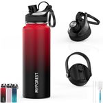 MYFOREST Insulated Water Bottle, 2 Lids for Small Sip/Large Gulp, 100% Dishwasher-Safe/Leak-Proof/BPA-Free/Top Handle/Carbonated Drinks/Cold/Hot (1L Red-Black, 1000ml/32oz)