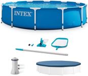 INTEX 12 x 2.5 Foot Metal Frame Above Ground Swimming Pool, Type A Filter, Protective Cover, and Complete Maintenance Kit with Vacuum Skimmer and Pole