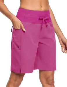 ISEEGZ Women's 5"/9" High Waisted Swim Board Shorts Quick Dry UPF 50+ Womens Swim Trunk Bottoms with Liner Zipper Pockets Rose