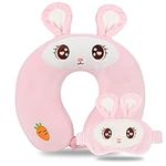 Travel Pillow, Kids Travel Pillow with Sleep Eye Mask, Soft Memory Foam Neck Pillow for Kids Boys & Girls, Teens, Travel Accessories for Airplane - Pink Rabbit Neck Pillow