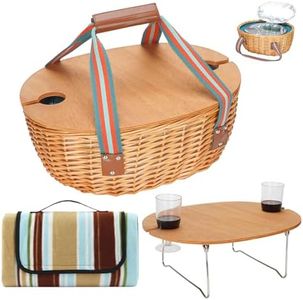 Picnic Basket for 2 with Blanket - Wicker Picnic Basket with Table | Willow Picnic Set for 2 Person with Large Insulated Cooler | Wicker Hamper with Cutlery Service Kit | Gift Basket for Christmas