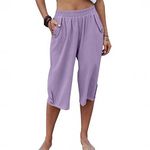 8" Bermuda Linen Shorts for Women Summer Half Pants Lightweight 3/4 Sweatpants 8"/7" Length Yoga Pants with Pockets Purple