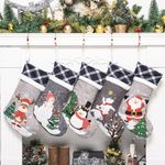 GEX Christmas Stockings 5 Pack for Family 21" Set of 5 Gray Blue Burlap Buffalo Plaid Faux Fur Cute Pattern for Family Xmas Party Decoration (5 Pack)