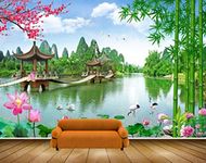 Mystic Walls MWZ2627 Bamboo Trees River Lake Water Pink Flowers Cranes Duck Bridge Plants HD 3D Wallpaper for Bedroom, Hall[20 ft x 19 ft] / [610 cm x 579 cm]