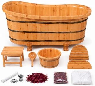 Aromatic Cedar Wood Bath Barrel with Outer Stool, Wooden Ladle, Drainage Hose, and Herbal Spa Set – Deep Soaking Tub, 51–63 Inch Sizes (wooden color, 63 in)