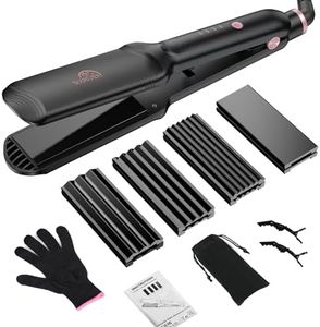Sixriver Hair Crimper for Women, Hair Waver Hair Straightener Curling Iron Flat Crimping Hair Iron with 4 Interchangeable Plates Ceramic Waver Hair Tool, 15s Fast Heating for Thin Fine Hair, Black