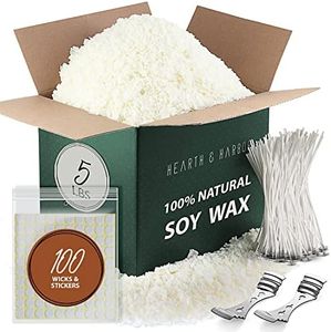 Hearth & Harbor Soy Candle Wax for Candle Making - Natural - 5 lb Bag, Premium Soy Wax Flakes, 100 Cotton Candle Wicks, 100 Wick Stickers, & 2 Centering Devices