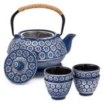 6 Piece Set Japanese Cast Iron Teapot with Infuser, 4 Teacups, and Trivet (32 oz, Blue)