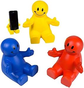 4" Fun Colorful Squeezable Smile Face Guy Phone Holders (3 Pack) Fun Phone Stand Desk Decor Smartphone Stand, Stress Relief Ball, Foam Fidget Toy. Great for kids and adults. Red, Blue and Yellow.