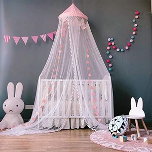 Nursery Decor Hanging Tents Mosquito Net Netting Curtains for Kids Children Room Decoration,Girl Nursery Decor with Stars Decoration, Pink