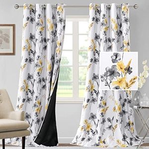 PrinceDeco 100% Blackout Curtains 2 Panels Set Cattleya Floral Printed Drapes Leah Floral Thermal Window Drapes for Bedroom Black Liner Sound Proof Curtains, Grey and Yellow, W132cm x D243cm