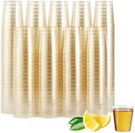 MATANA 600 Double Shot Glasses (60ml) - Clear Hard Plastic with Gold Glitter - Reusable Jello & Tequila Shots, Dessert Pots, Sample Tasting Cups for Birthdays, Weddings, BBQs, Parties