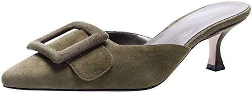 Divanne Heeled Mules for Women, Pointed Toe Slingback Pumps Buckle Kitten Heels Mules Slides Backless Dress Sandals-Dark Green-10M US