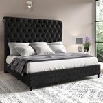 Jocisland Queen Size Bed Frame with Sleigh Headboard 60" Tall Velvet Upholstered Platform Bed, No Box Spring Needed, Black