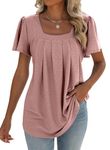 isermeo 2024 Women's Summer Tops Eyelet Hollow Comfy Tee Short Ruffle Sleeve Loose Tunic Top Trendy Shirts Dark Pink L