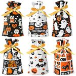 FEPITO 50 Pcs Halloween Drawstring Candy Cookie Bags,Goodie Bags,Treat Bags, Halloween Plastic Goodie Bags Halloween Party Gift Supplies, 6 Styles