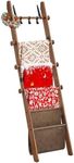 VASAGLE Blanket Ladder for Living Room, 5-Tier Wooden Ladder Shelf, Decorative Farmhouse Blanket Rack with Synthetic Leather Bag, Metal Hooks, Side Hooks, for Bedroom, Caramel Brown ULLS022K01