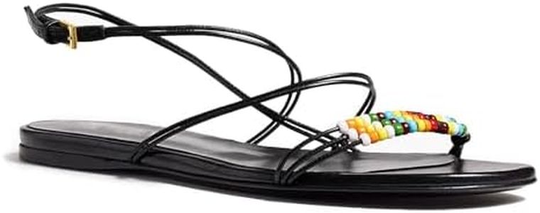 QIV Black Strappy Sandals for Women Open Toe Beaded Boho Cute Flat Sandals Round Toe Lace up Ankle Strap Summer Beach Vacation Dressy Flats Size 8