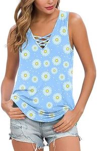 Feiersi Women's Summer Sleeveless Criss Cross Casual Tank Tops Basic Blouse(FP Blue Little Daisy X-Large)